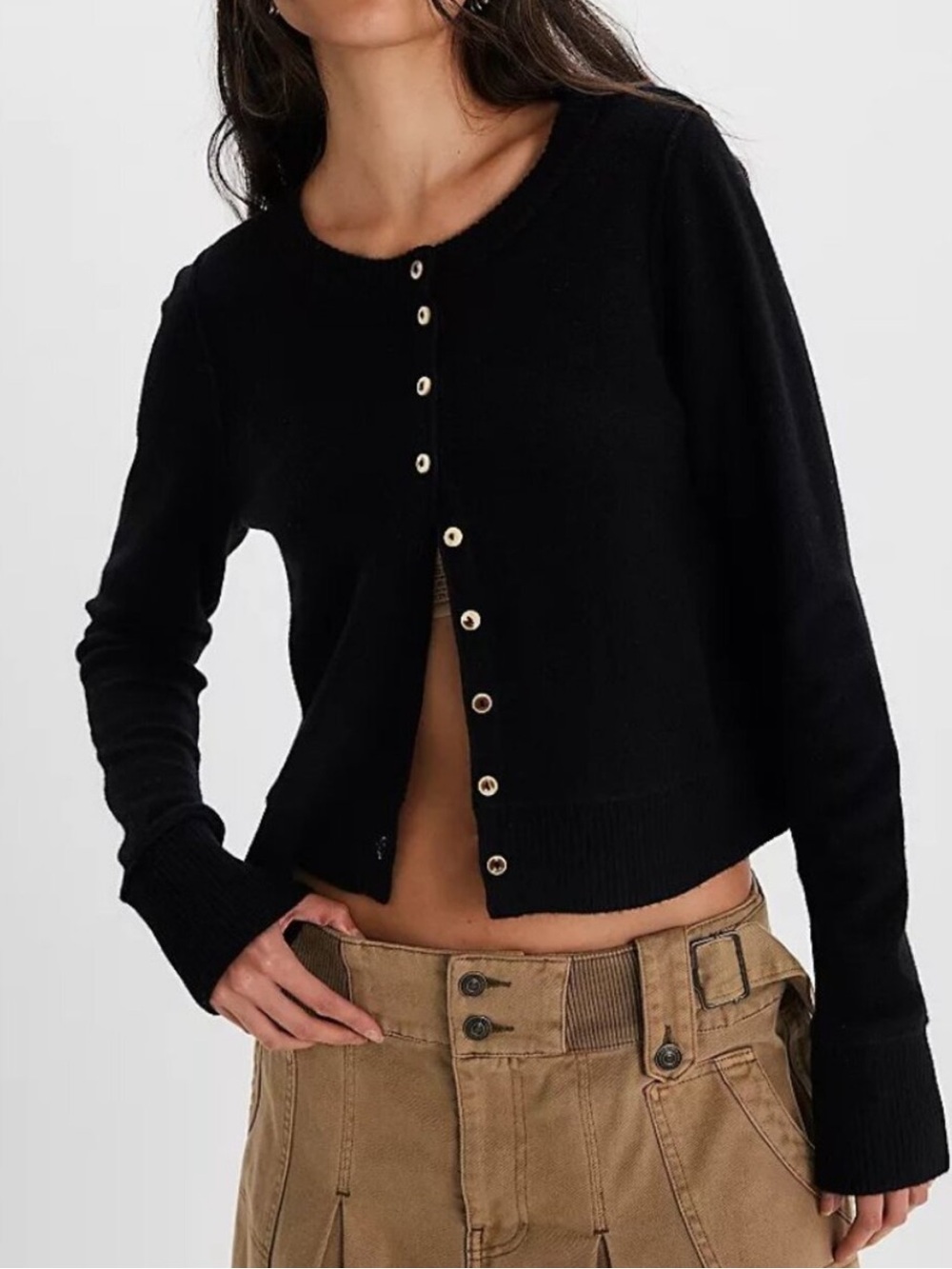 Free People Nocturnal Solid Black Cardigan Sweater Cashmere Button Front XS